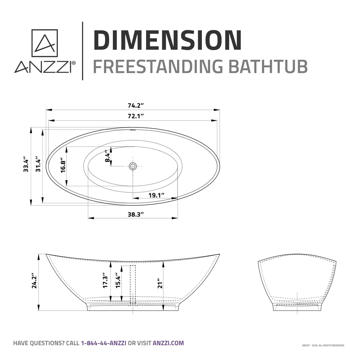 FT-AZ508 freestanding bathtub - dimensions diagram