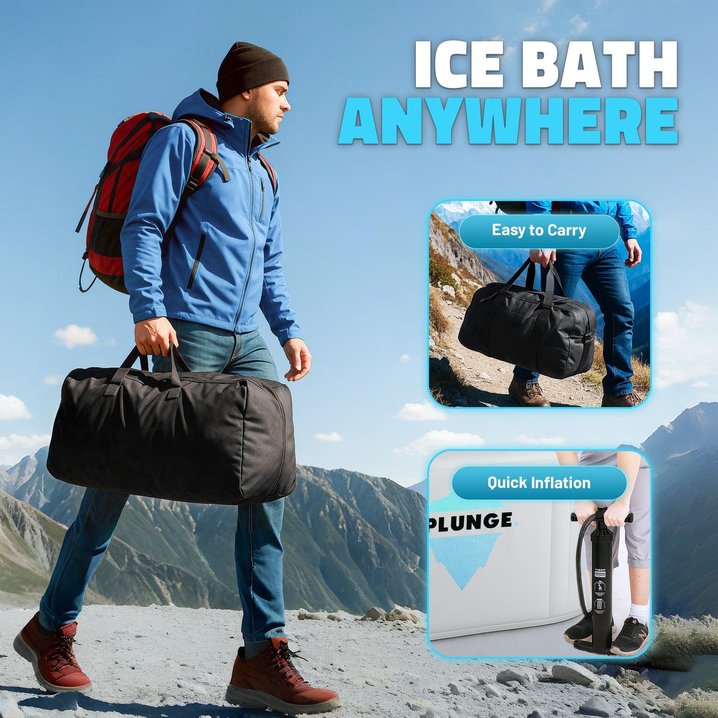 Person carrying a black duffel bag with mountainous landscape in the background, featuring text 'ICE BATH ANYWHERE'.