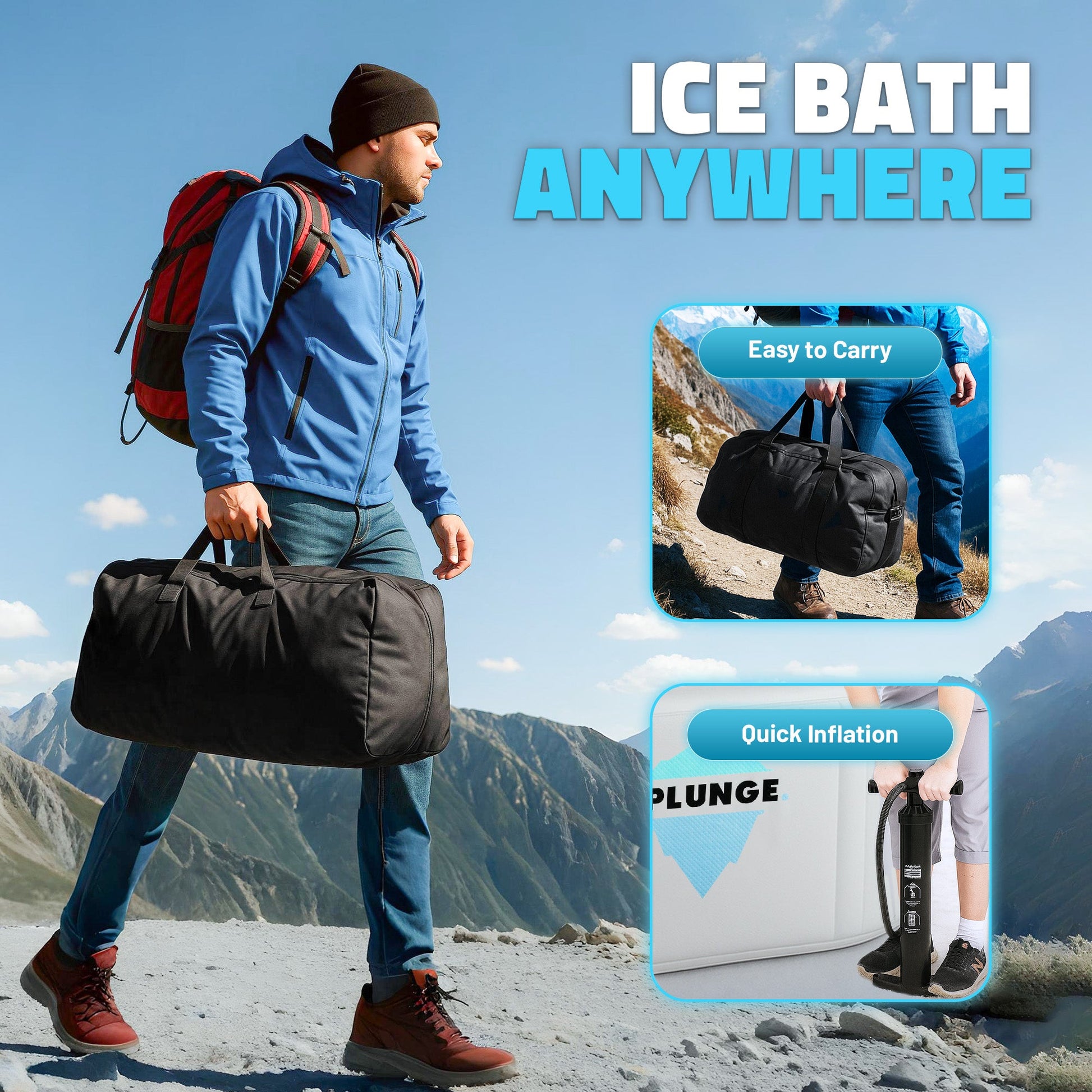 Person carrying a black duffel bag with mountainous landscape in the background, featuring text 'ICE BATH ANYWHERE'.