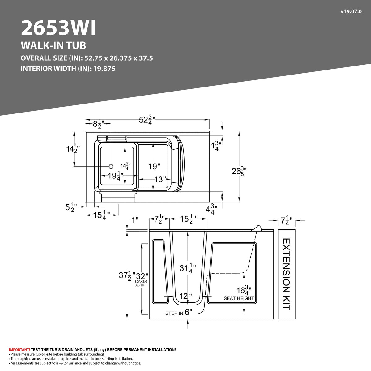 53 - 60 in. x 26 in. Right Drain Whirlpool Jetted Walk-in Tub in White — view 3