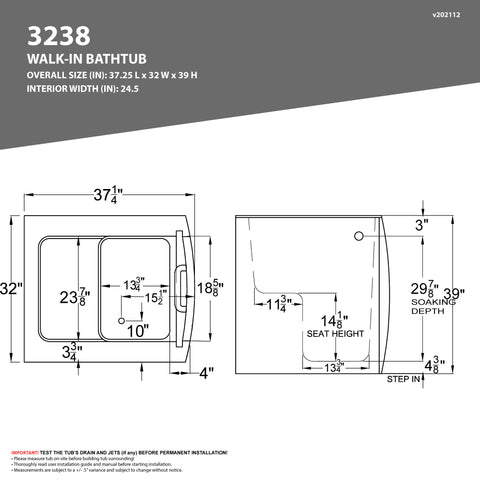 Coupe Series 32 in. x 38 in. Left Swinging Door Walk-In Soaking Tub with Left Swinging Door in White