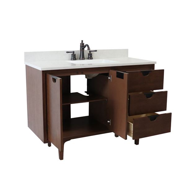 49 in. Single Sink Vanity in Dark Cherry with Engineered Quartz Top, Hardware in Matte Black, open