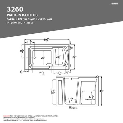 32 in. x 60 in. Right Drain Quick Fill Walk-In Whirlpool Tub with Powered Fast Drain in White