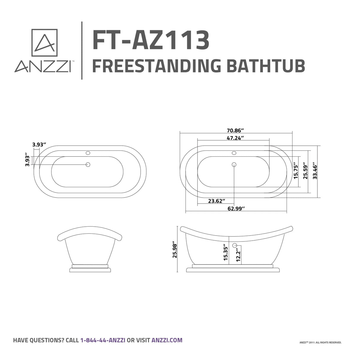 FT-AZ113 freestanding bathtub - dimensions diagram
