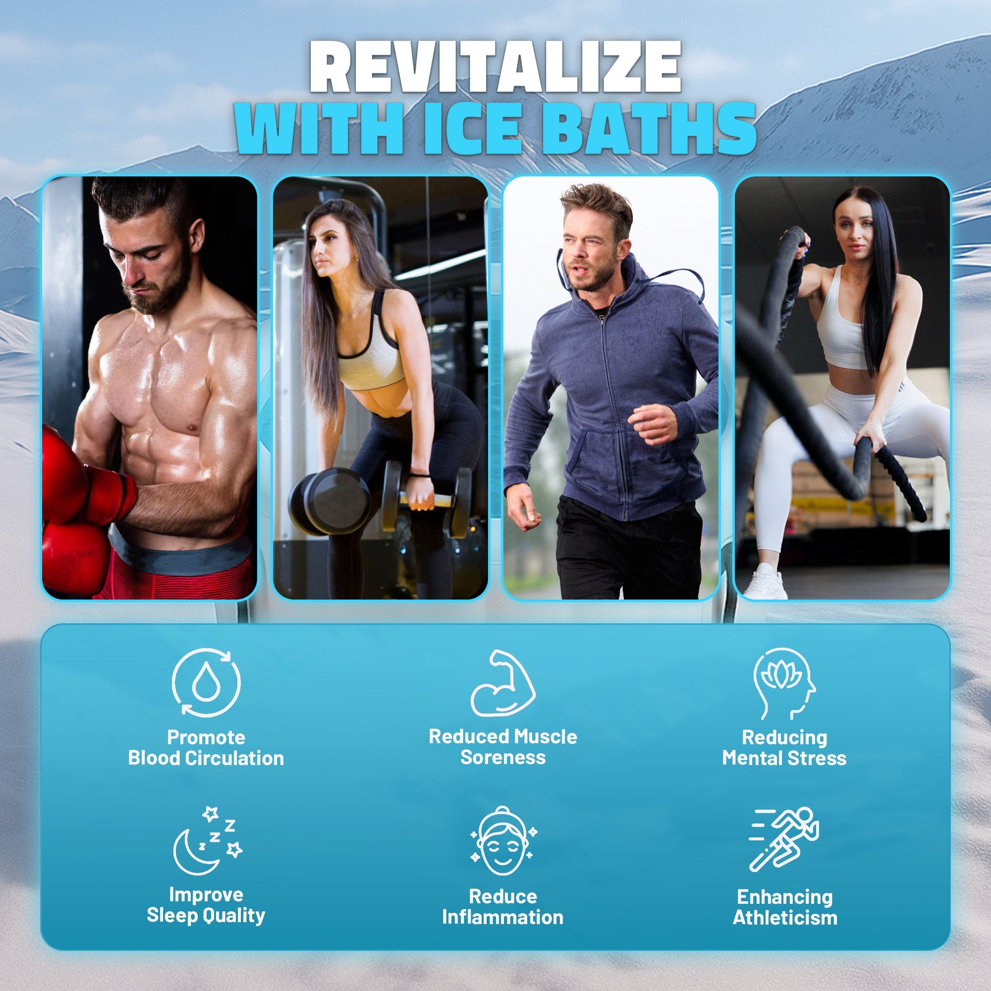 Promotional graphic for ice baths with people exercising and text highlighting benefits.