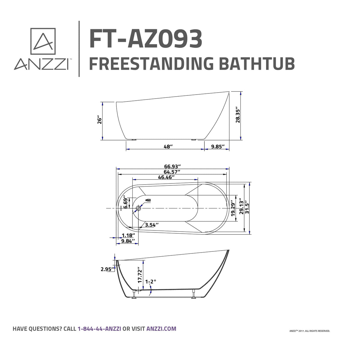 FT-AZ093 freestanding bathtub - dimensions diagram