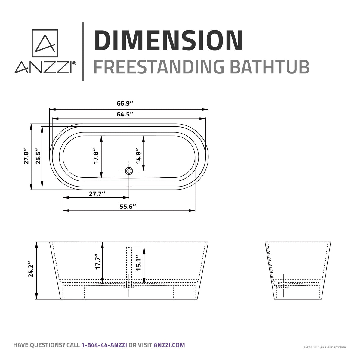 FT-AZ503 freestanding bathtub - dimensions diagram