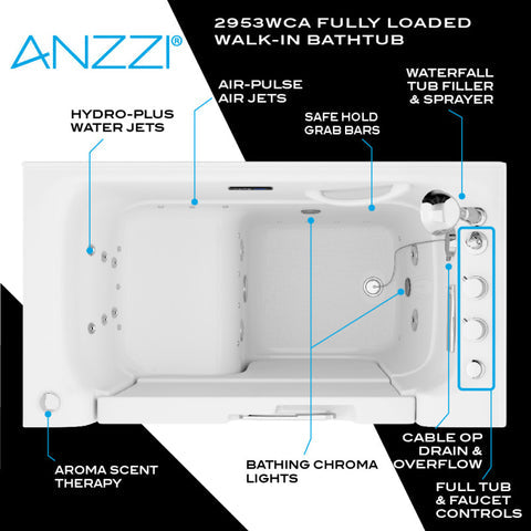 Left Drain FULLY LOADED Wheelchair Access Walk-in Tub with Air and Whirlpool Jets Hot Tub | Quick Fill Waterfall Tub Filler with 6 Setting Handheld Shower Sprayer | Including Aromatherapy, LED Lights, V-Shaped Back Jets, and Auto Drain | 2953WCLWD