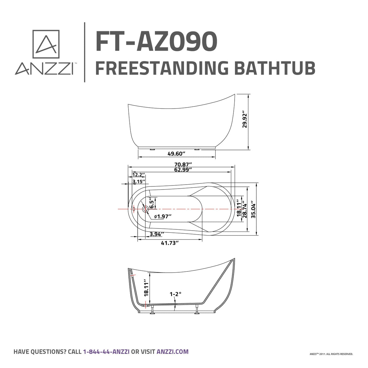 FT-AZ090 freestanding bathtub - dimensions diagram