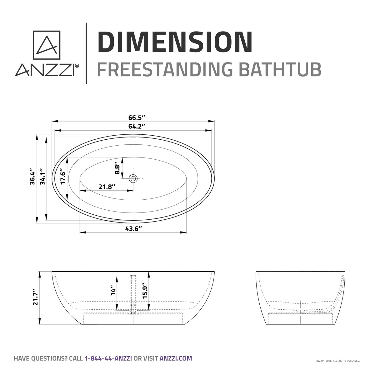 FT-AZ510 freestanding bathtub - dimensions diagram