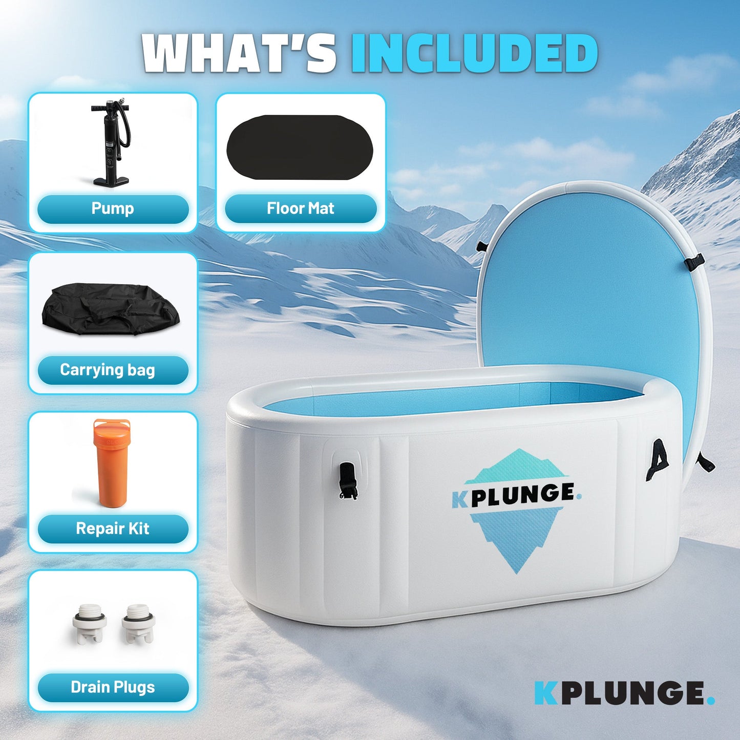 KPlunge inflatable bathtub with included items on a mountain background