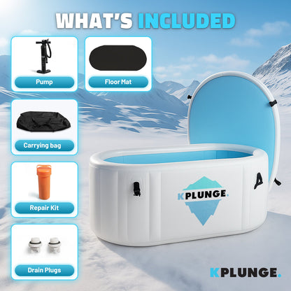 KPlunge inflatable bathtub with included items on a mountain background