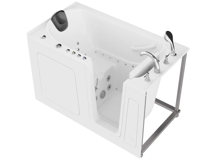 Right Drain White walk-in bathtub with silver faucet and controls on a white background