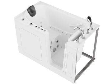 Right Drain White walk-in bathtub with silver faucet and controls on a white background