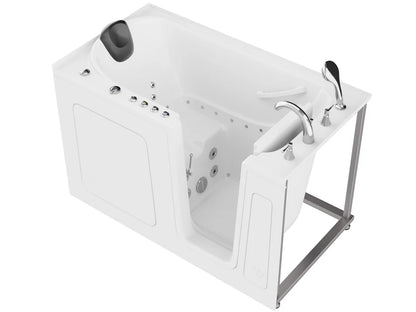 Right Drain White walk-in bathtub with silver faucet and controls on a white background