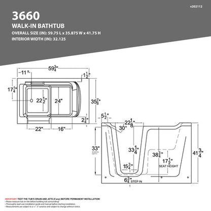 36 in. x 60 in. Left Drain Quick Fill Walk-In Whirlpool and Air Tub with Powered Fast Drain in White