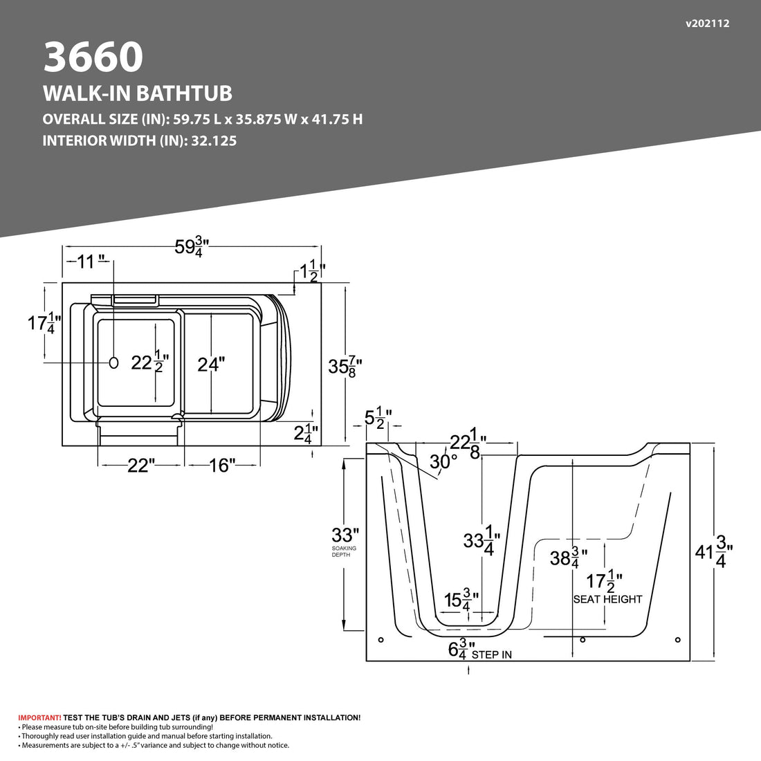 36 in. x 60 in. Right Drain Quick Fill Walk-In Whirlpool and Air Tub with Powered Fast Drain in White — primary view
