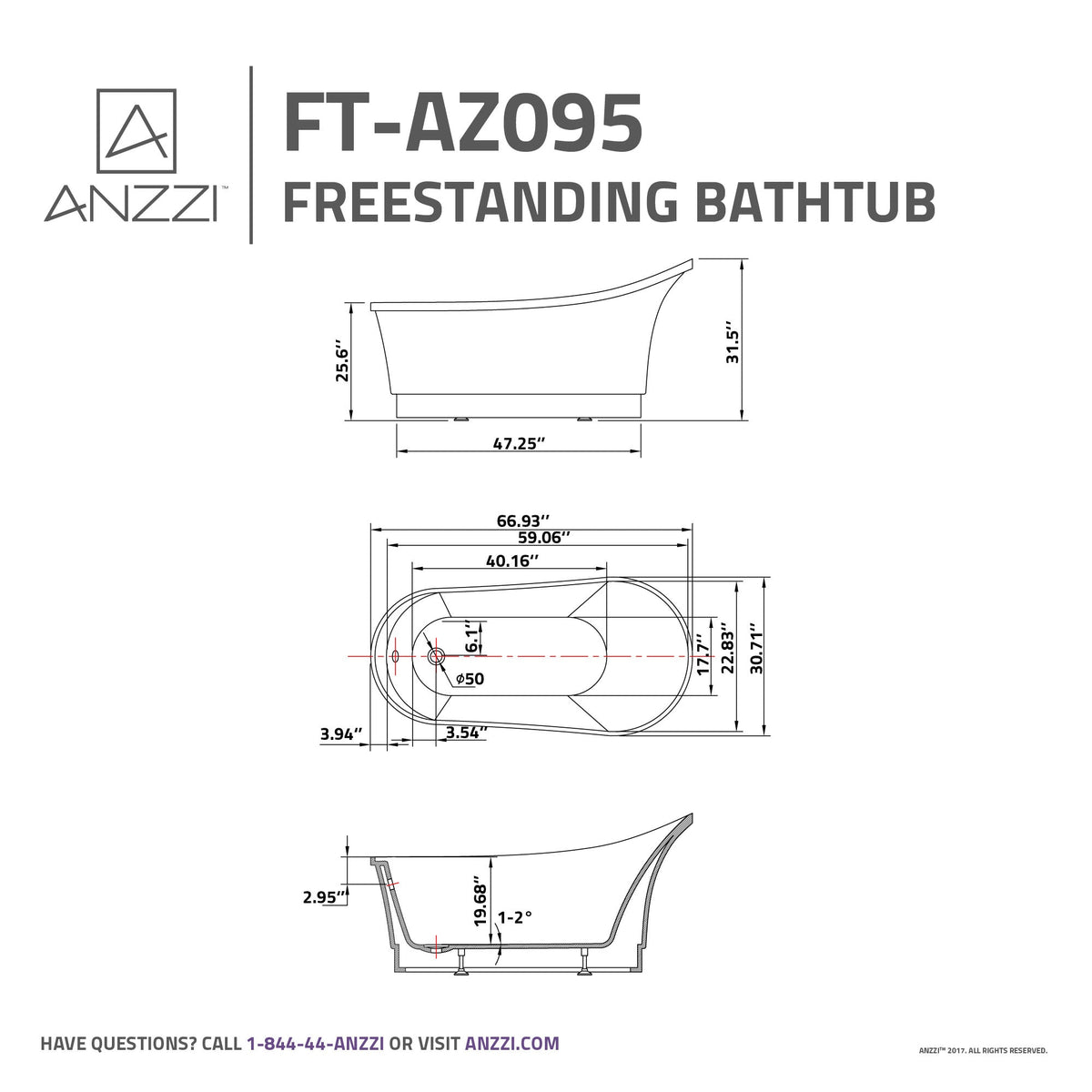FT-AZ095 freestanding bathtub - dimensions diagram