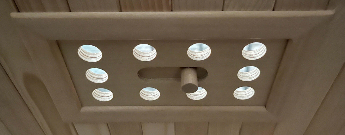 Inside SteamSpa 2-Person Hemlock Wooden Indoor Infrared Sauna SC-SS0008-2P ceiling open
