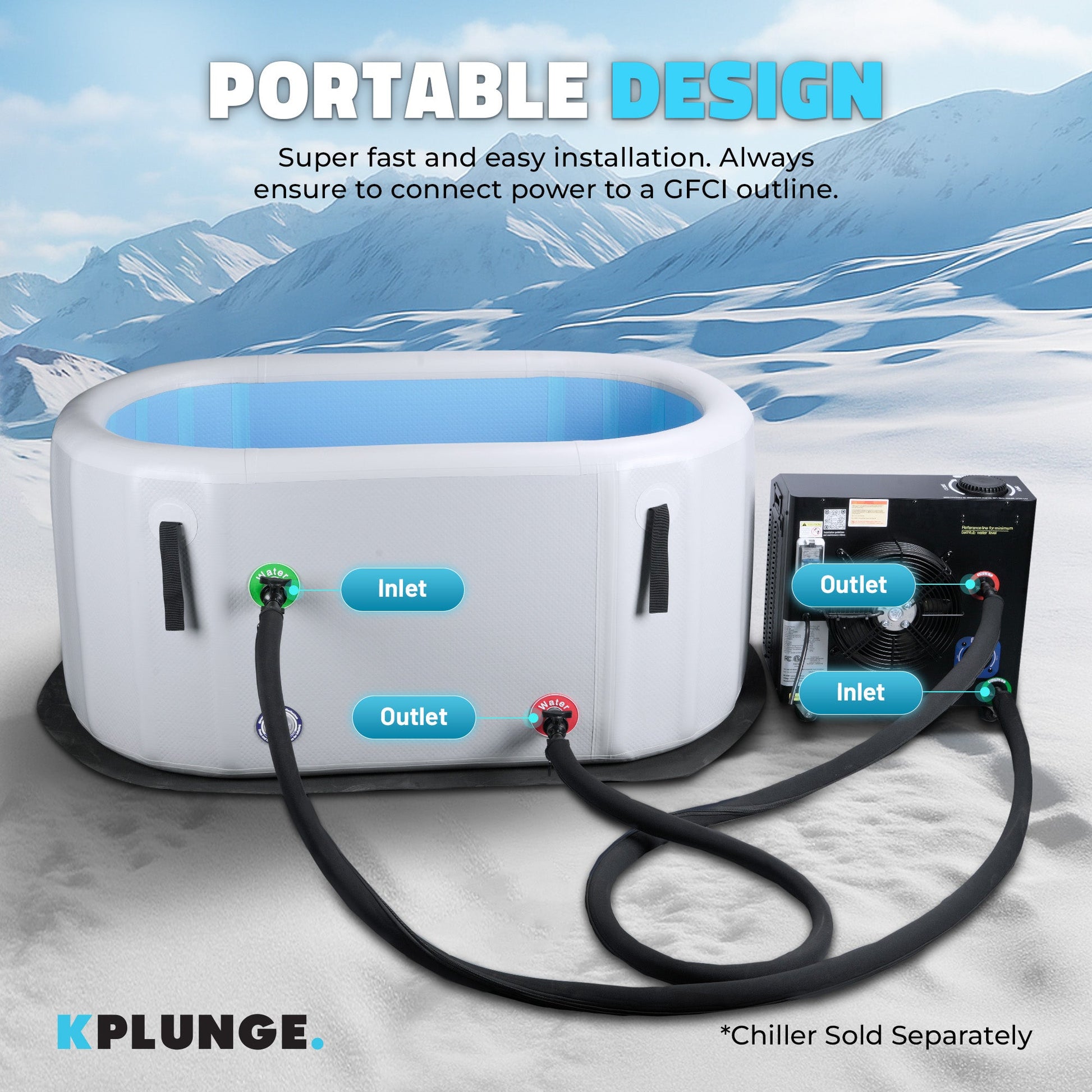 Inflatable hot tub with electrical components on a snowy mountain background, featuring the brand 'KPlunge'.