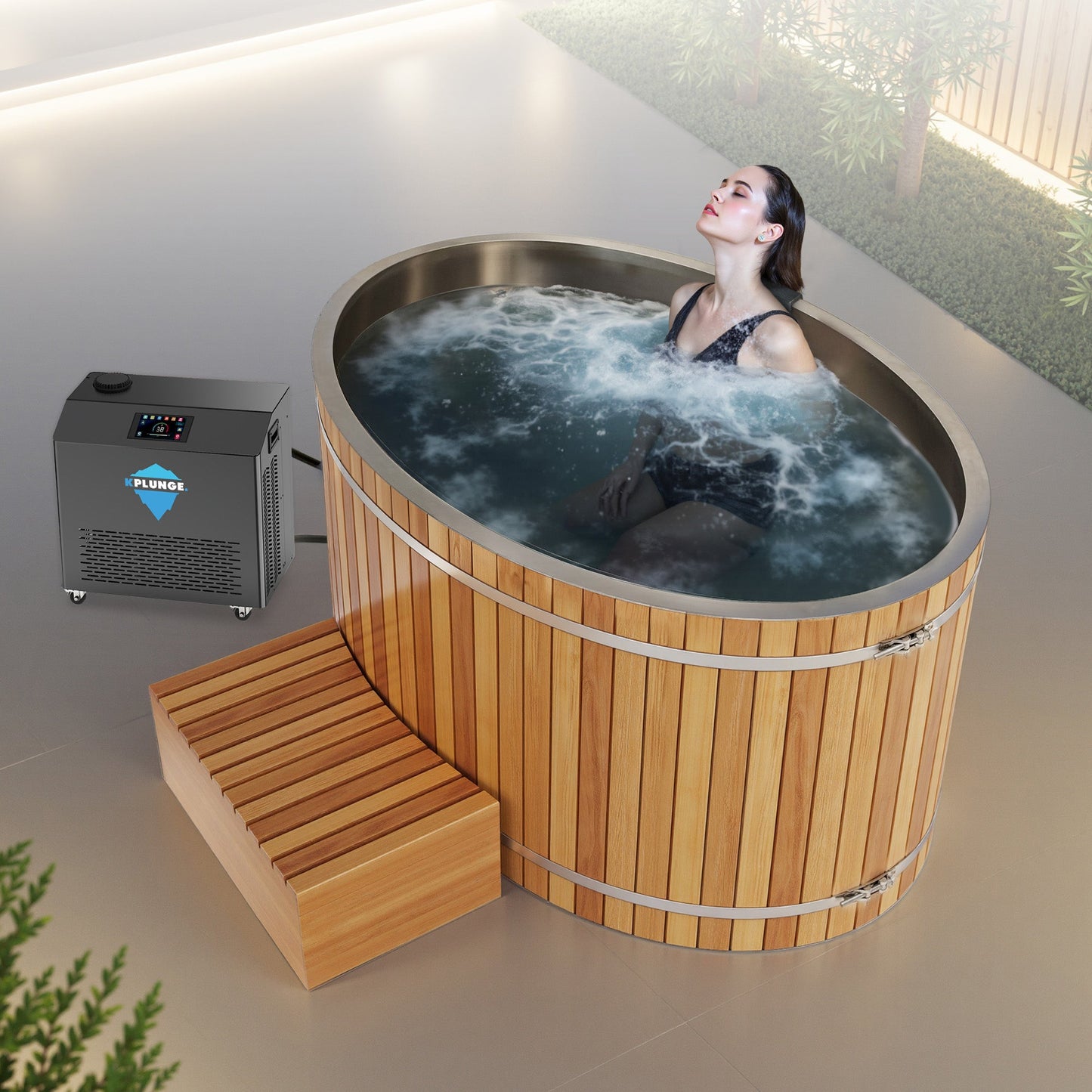 62" 2-Person Cedar Cold Plunge & Hot Tub with 1 HP Chiller and Heater in Natural Finish