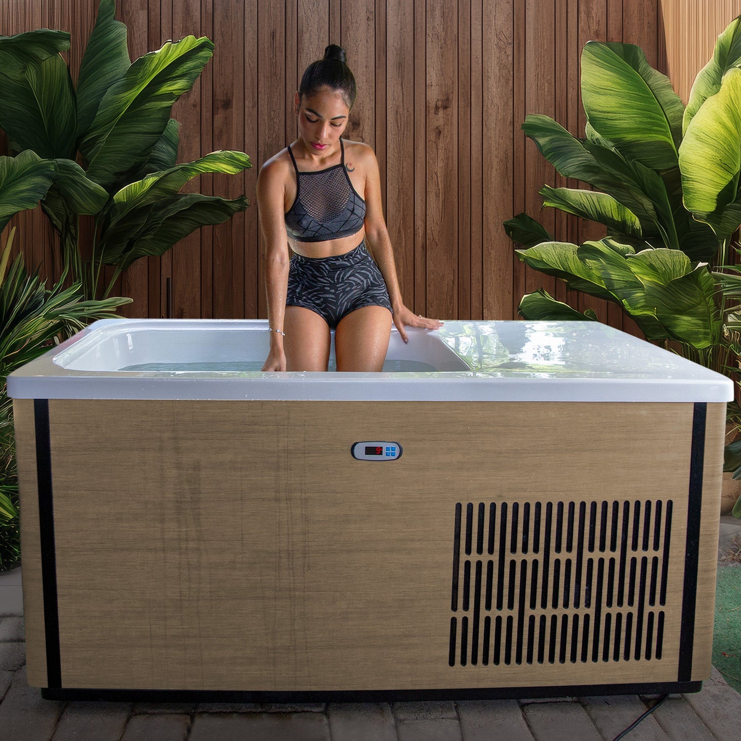 Iroquois 67" 1-Person Mono-Jet All-in-One Cold Plunge & Hot Tub with Built-In Chiller/Heater in Chestnut