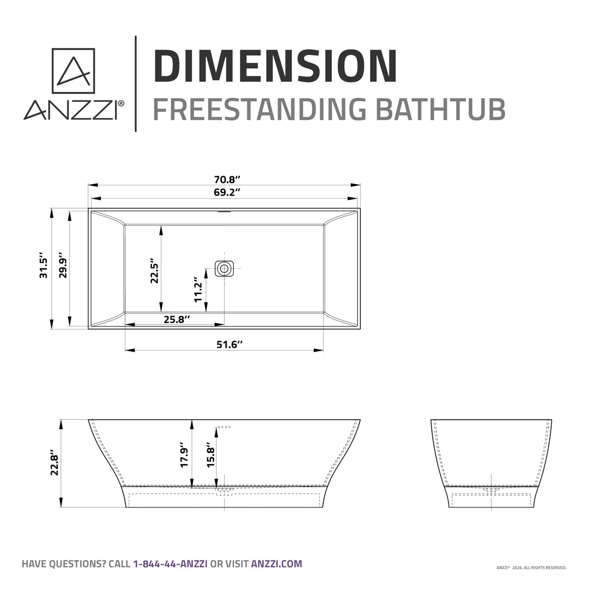 FT-AZ509 freestanding bathtub - dimensions diagram