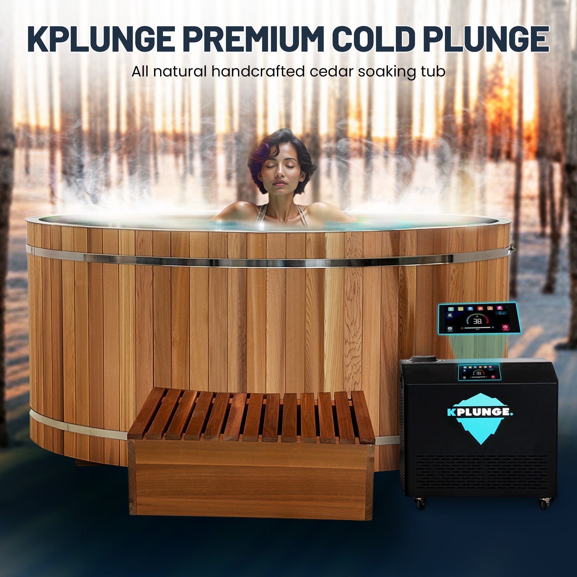 62" 2-Person Cedar Cold Plunge & Hot Tub with 1 HP Chiller and Heater in Natural Finish