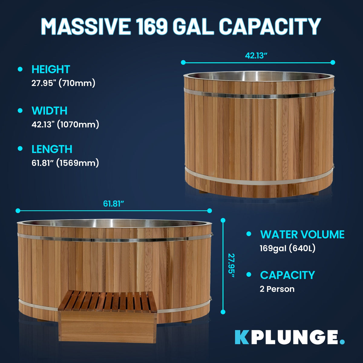 62" 2-Person Cedar Cold Plunge & Hot Tub with 24" Depth and 169-Gallon Capacity in Natural Finish