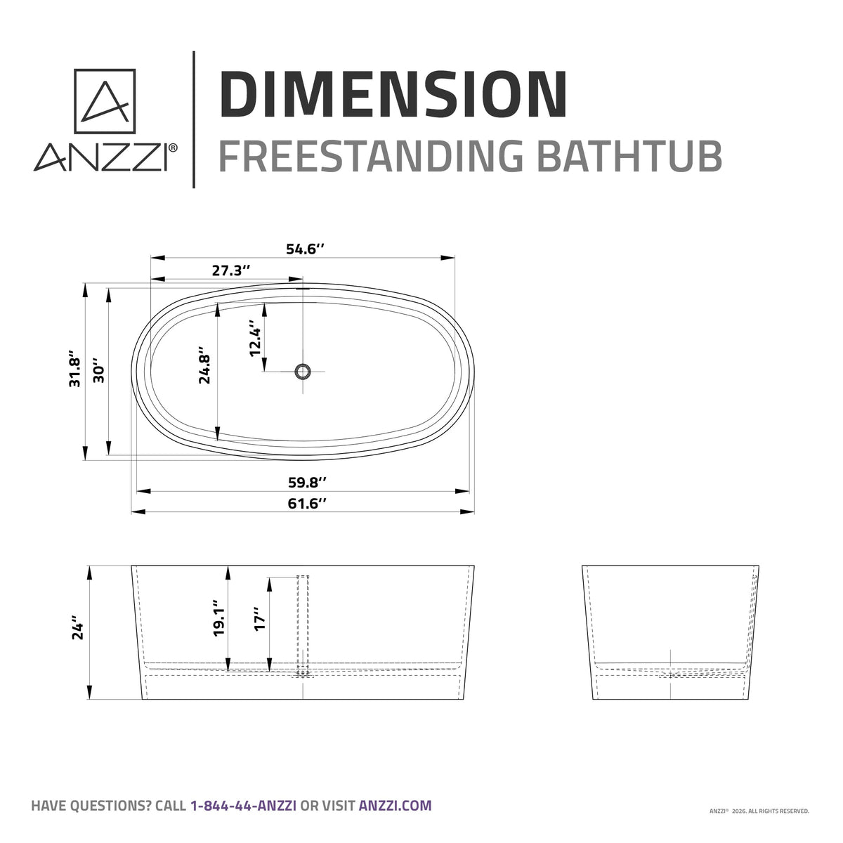 FT-AZ505 freestanding bathtub - dimensions diagram
