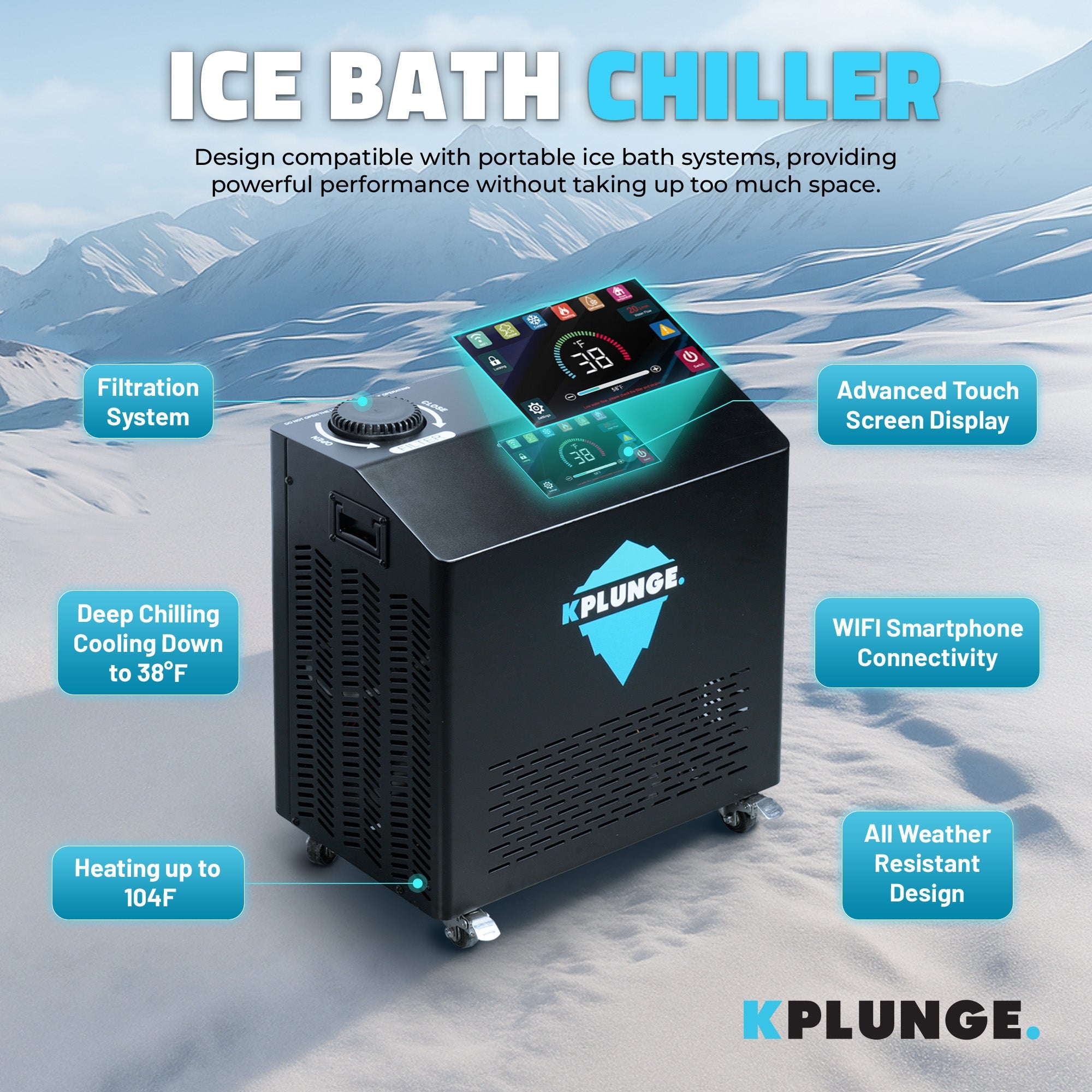 Gale 1 HP Cold Plunge Chiller and Heater in Black with 38°F–104°F Cooling & Heating, WiFi App Control, and Filter