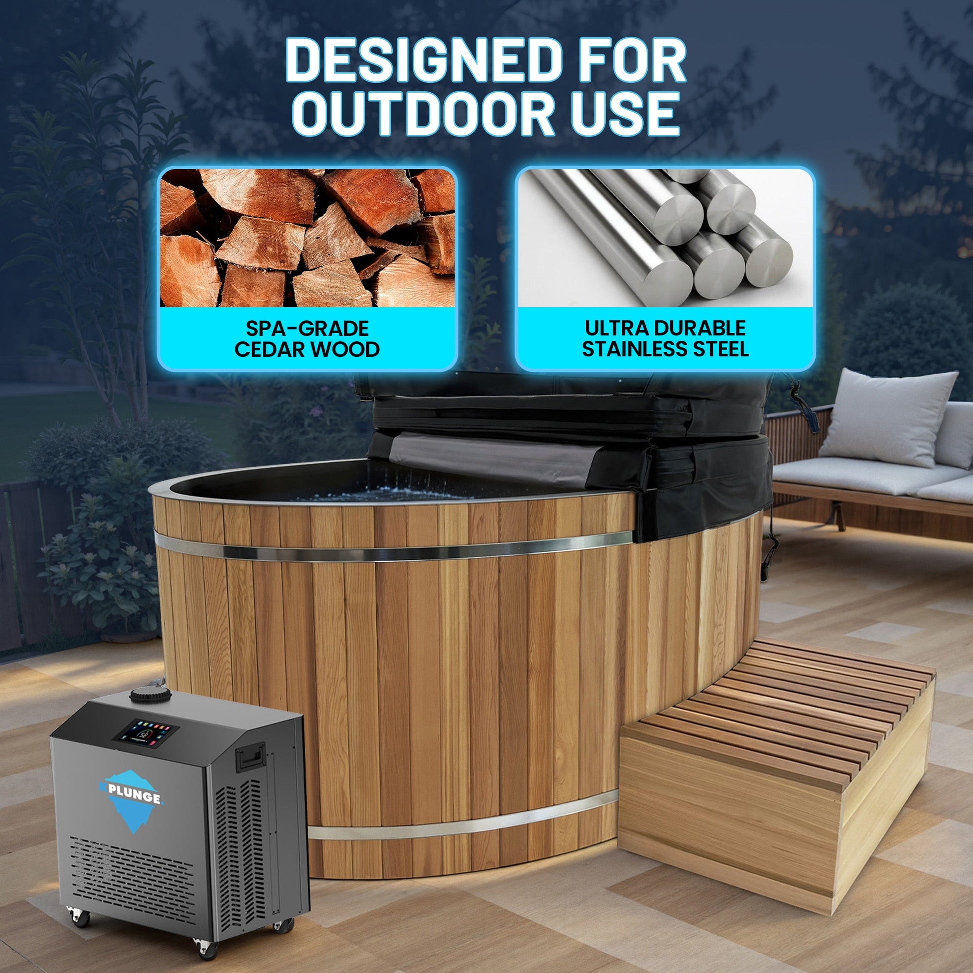 62" 2-Person Cedar Cold Plunge & Hot Tub with ¾ HP Chiller and Heater in Natural Finish