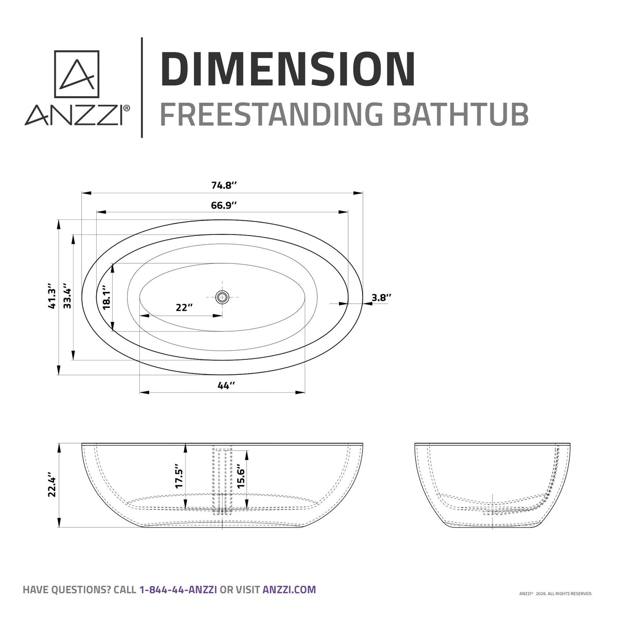 FT-AZ504 freestanding bathtub - dimensions diagram