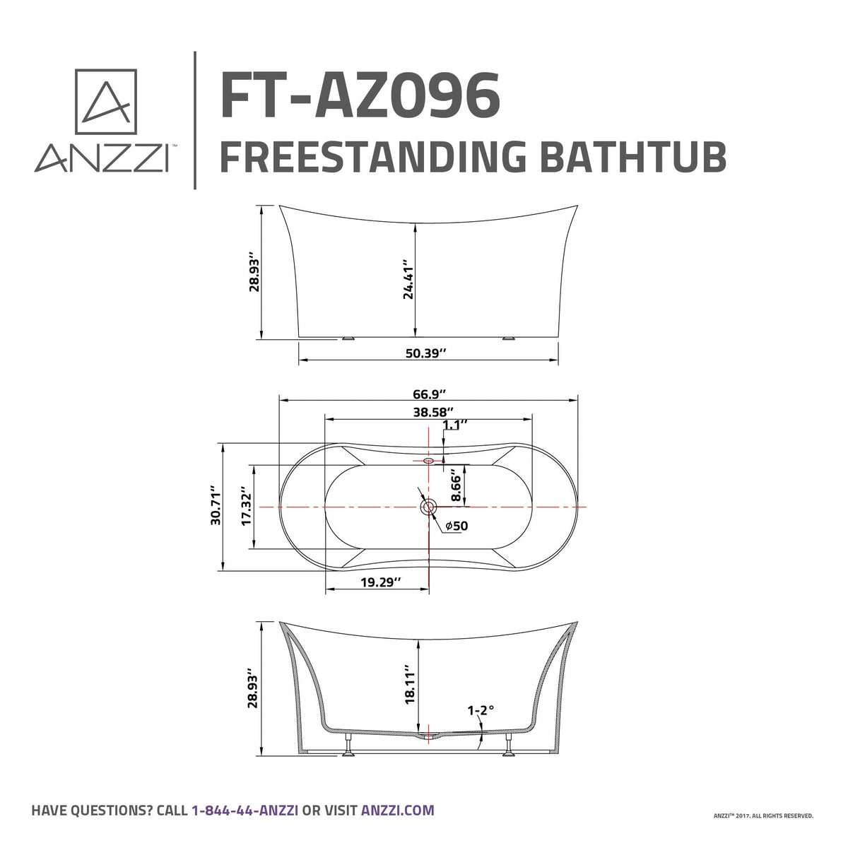 FT-AZ096 freestanding bathtub - dimensions diagram