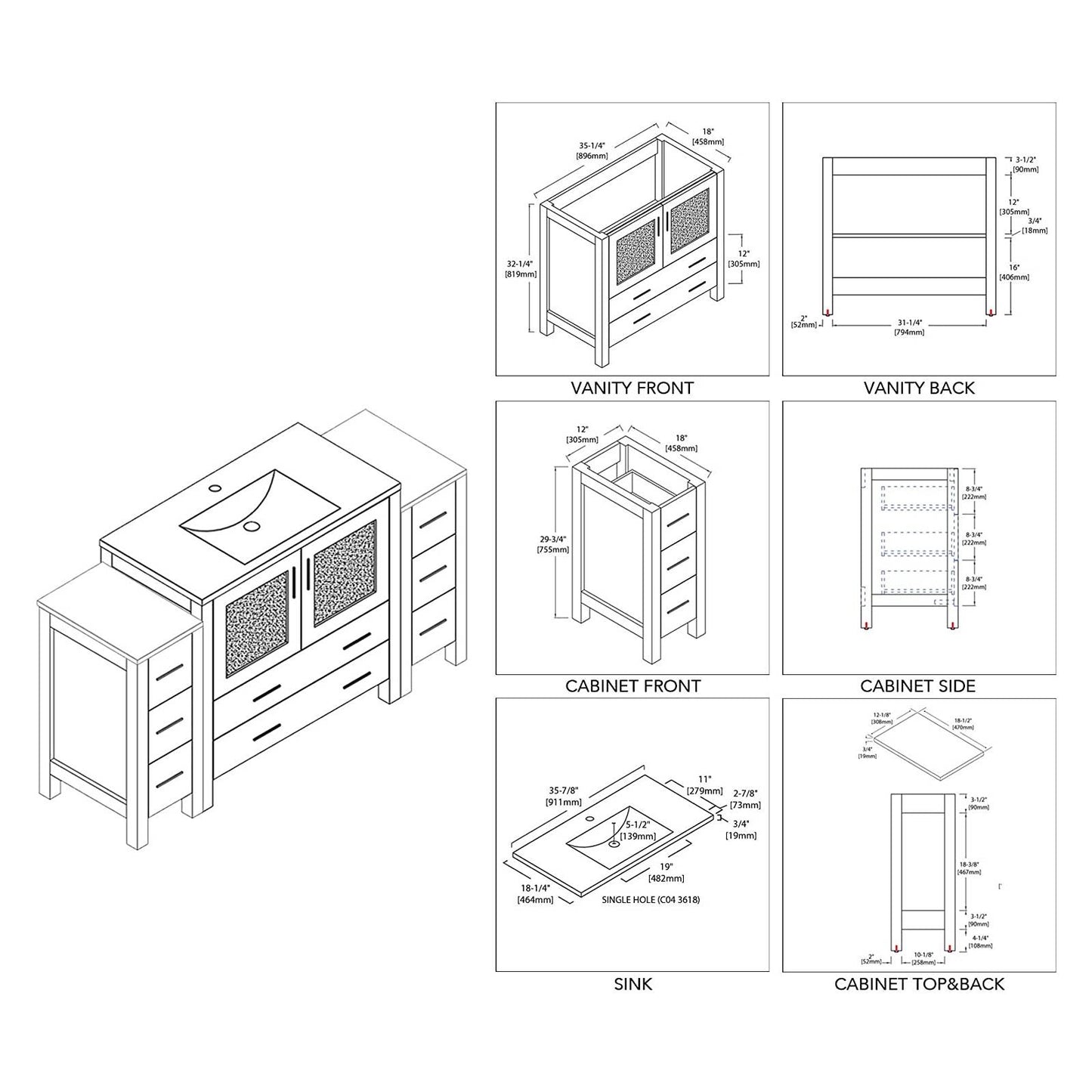 Blossom Sydney 54" Vanity, White, Espresso, Metal Grey, Side Cabinet