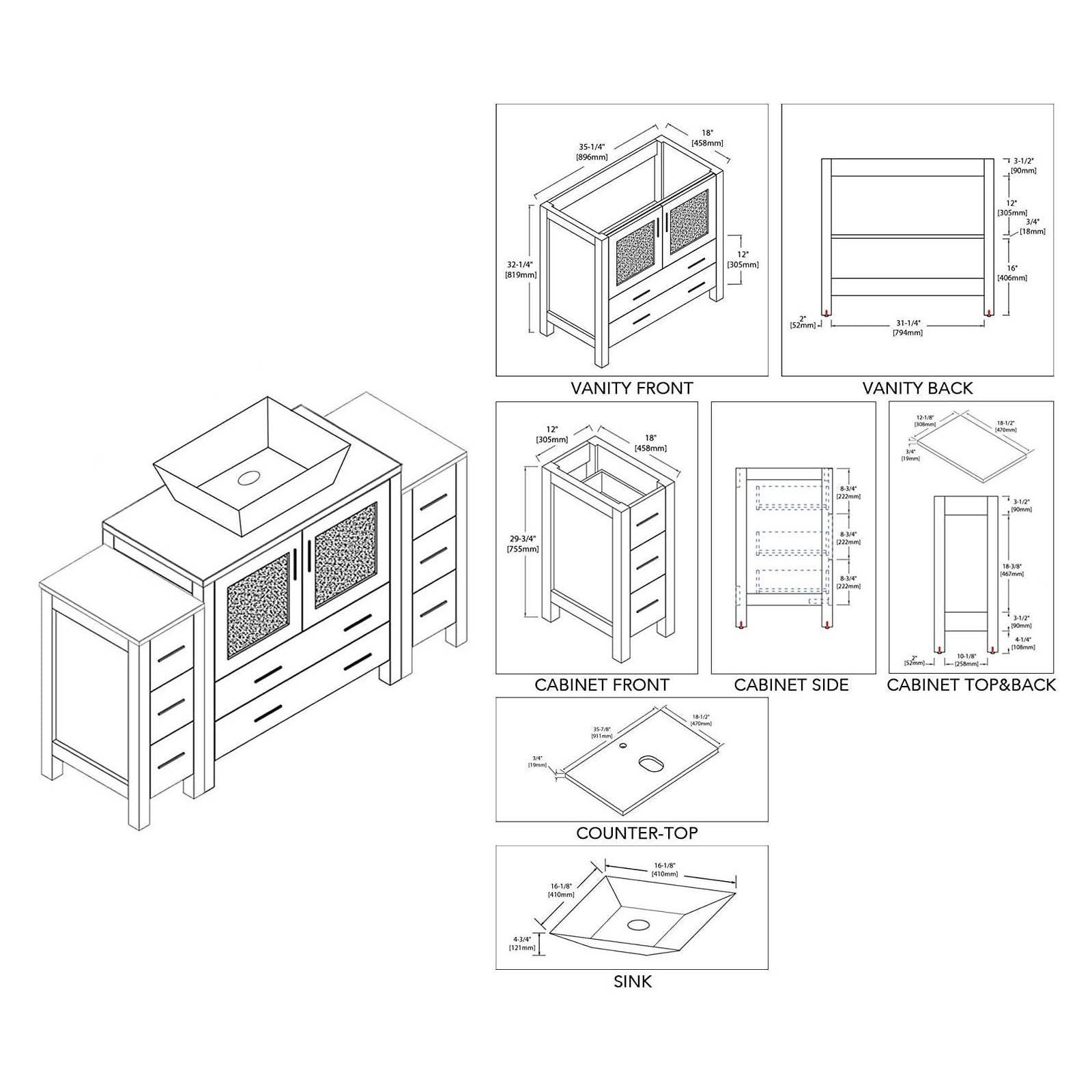 Blossom Sydney 60" Vanity, White, Espresso, Metal Grey, Side Cabinet