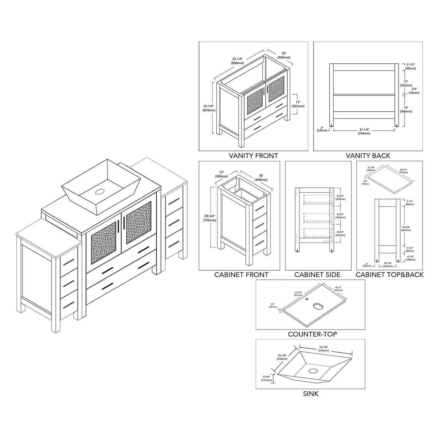 Blossom Sydney 60" Vanity, White, Espresso, Metal Grey, Side Cabinet