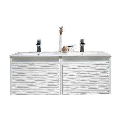 Blossom Paris 48 Inch Vanity Base in White. Available with Ceramic Double Sinks / Ceramic Double Sinks + Mirror / Ceramic Double Sinks + Mirror / Ceramic Double Sinks + Two Mirrors + Two Side Cabinets - The Bath Vanities