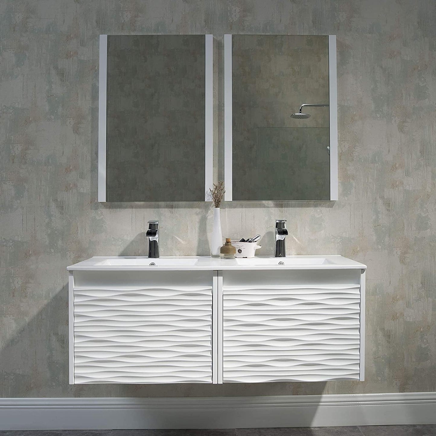 Blossom Paris 48 Inch Vanity Base in White. Available with Ceramic Double Sinks / Ceramic Double Sinks + Mirror / Ceramic Double Sinks + Mirror / Ceramic Double Sinks + Two Mirrors + Two Side Cabinets - The Bath Vanities