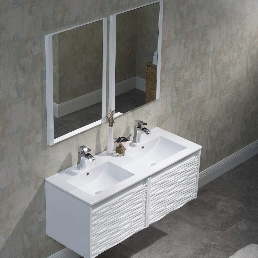 Blossom Paris 48 Inch Vanity Base in White. Available with Ceramic Double Sinks / Ceramic Double Sinks + Mirror / Ceramic Double Sinks + Mirror / Ceramic Double Sinks + Two Mirrors + Two Side Cabinets - The Bath Vanities