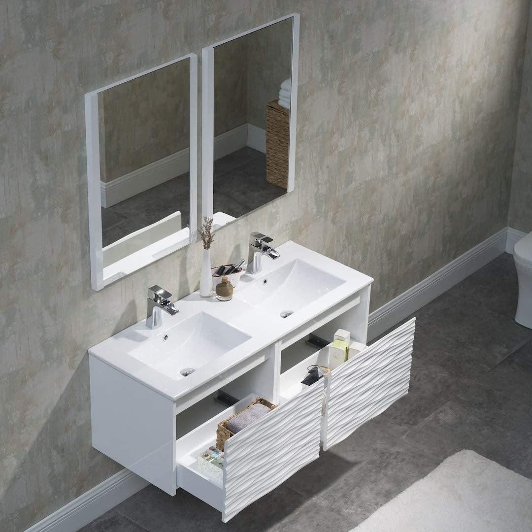 Blossom Paris 48 Inch Vanity Base in White. Available with Ceramic Double Sinks / Ceramic Double Sinks + Mirror / Ceramic Double Sinks + Mirror / Ceramic Double Sinks + Two Mirrors + Two Side Cabinets - The Bath Vanities