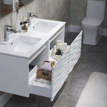 Blossom Paris 48 Inch Vanity Base in White. Available with Ceramic Double Sinks / Ceramic Double Sinks + Mirror / Ceramic Double Sinks + Mirror / Ceramic Double Sinks + Two Mirrors + Two Side Cabinets - The Bath Vanities