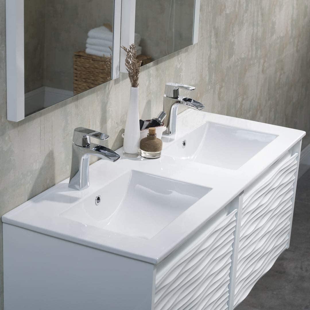 Blossom Paris 48 Inch Vanity Base in White. Available with Ceramic Double Sinks / Ceramic Double Sinks + Mirror / Ceramic Double Sinks + Mirror / Ceramic Double Sinks + Two Mirrors + Two Side Cabinets - The Bath Vanities