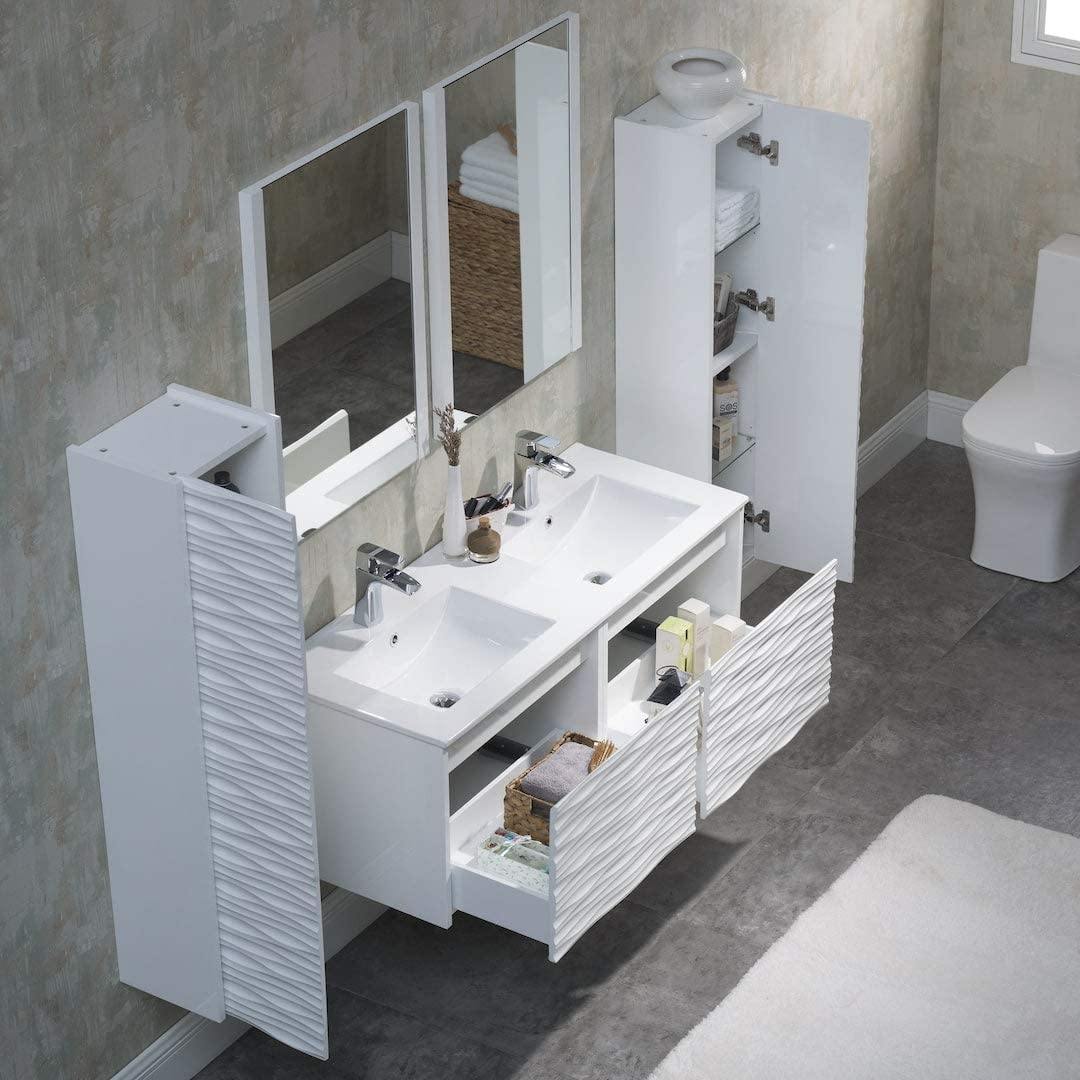 Blossom Paris 48 Inch Vanity Base in White. Available with Ceramic Double Sinks / Ceramic Double Sinks + Mirror / Ceramic Double Sinks + Mirror / Ceramic Double Sinks + Two Mirrors + Two Side Cabinets - The Bath Vanities