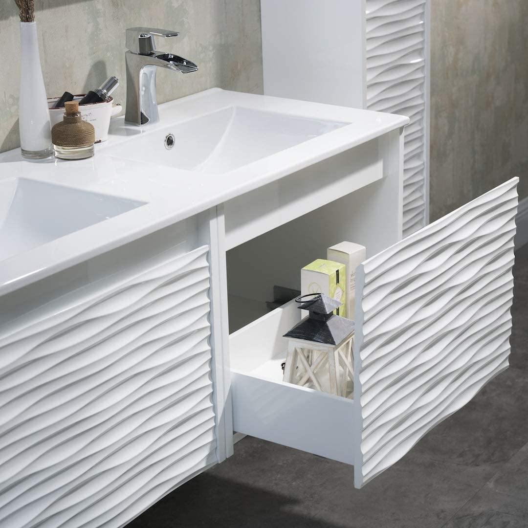 Blossom Paris 48 Inch Vanity Base in White. Available with Ceramic Double Sinks / Ceramic Double Sinks + Mirror / Ceramic Double Sinks + Mirror / Ceramic Double Sinks + Two Mirrors + Two Side Cabinets - The Bath Vanities