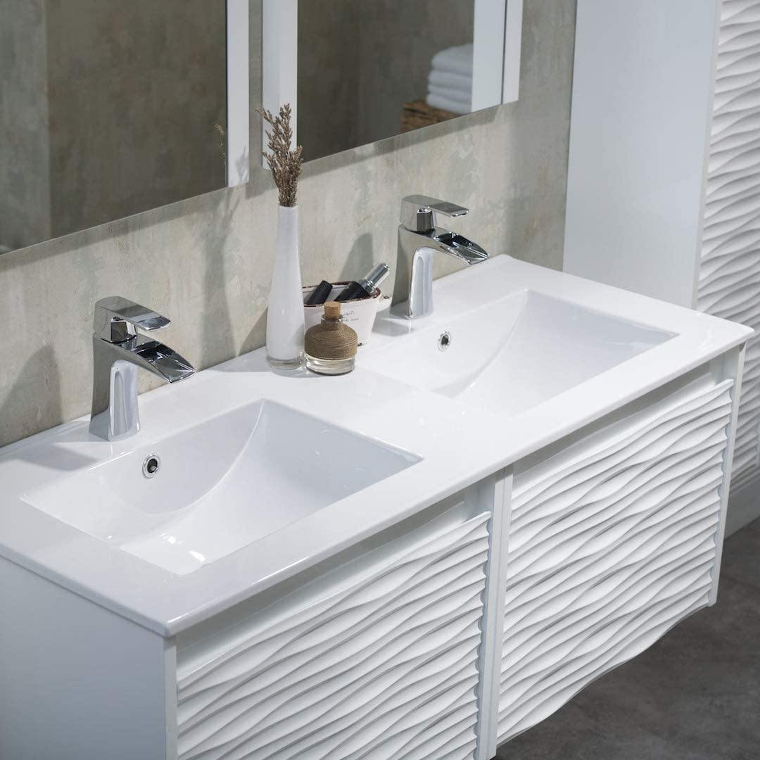 Blossom Paris 48 Inch Vanity Base in White. Available with Ceramic Double Sinks / Ceramic Double Sinks + Mirror / Ceramic Double Sinks + Mirror / Ceramic Double Sinks + Two Mirrors + Two Side Cabinets - The Bath Vanities