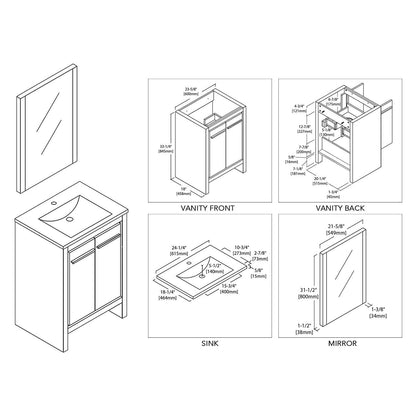 Blossom Milan 24 Inch Vanity Base in White / Silver Grey. Available with Ceramic Sink / Ceramic Sink + Mirror / Ceramic Sink + Mirrored Medicine Cabinet - The Bath Vanities