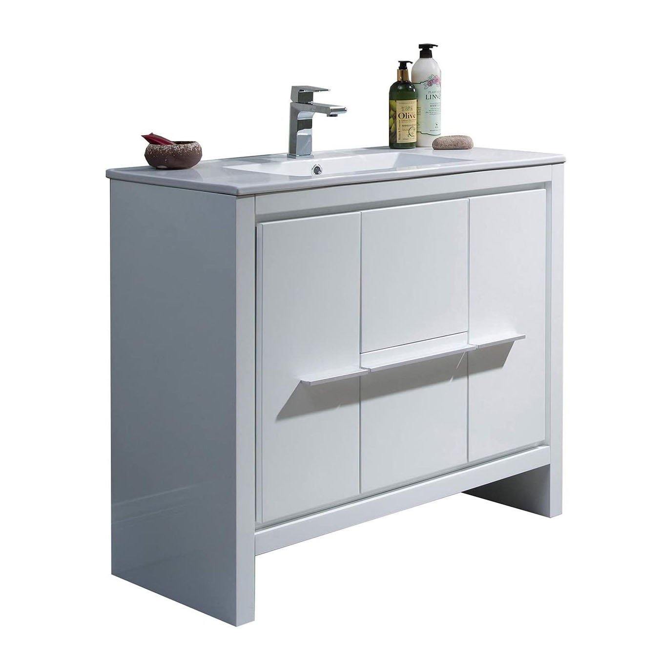 Blossom Milan 36 Inch Vanity Base in White / Silver Grey. Available with Ceramic Sink / Ceramic Sink + Mirror / Ceramic Sink + Mirrored Medicine Cabinet - The Bath Vanities