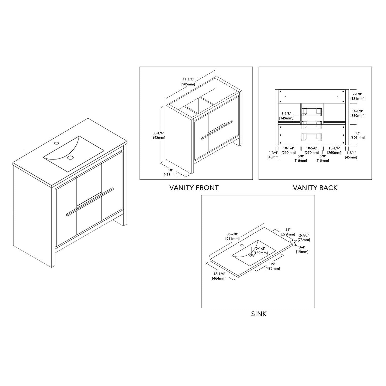 Blossom Milan 36 Inch Vanity Base in White / Silver Grey. Available with Ceramic Sink / Ceramic Sink + Mirror / Ceramic Sink + Mirrored Medicine Cabinet - The Bath Vanities