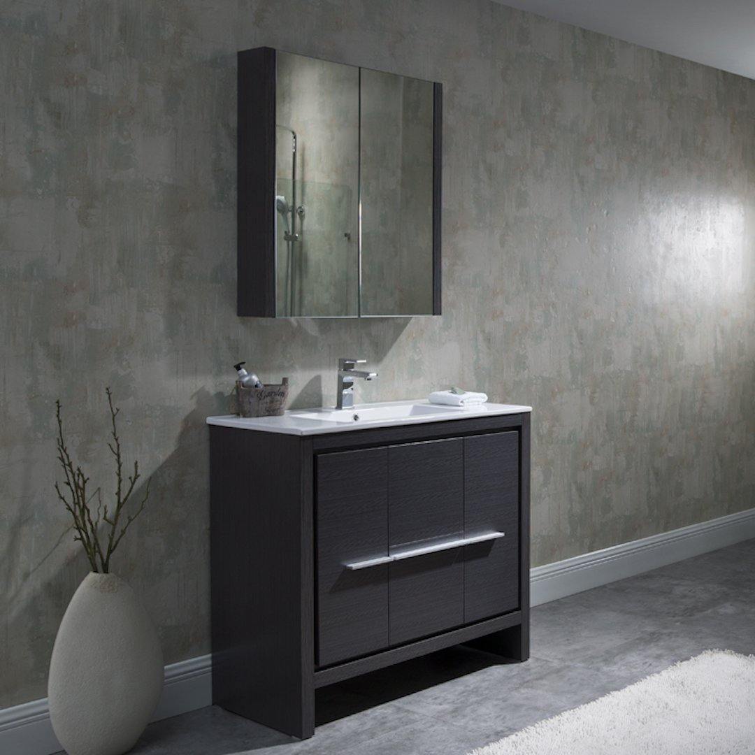 Blossom Milan 36 Inch Vanity Base in White / Silver Grey. Available with Ceramic Sink / Ceramic Sink + Mirror / Ceramic Sink + Mirrored Medicine Cabinet - The Bath Vanities